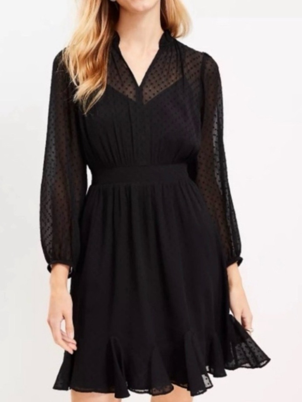 LOFT | Black Sheer Swiss Dot Clip Gadet Long-Sleeve Ruffled-Hem Mini Dress Sz 4